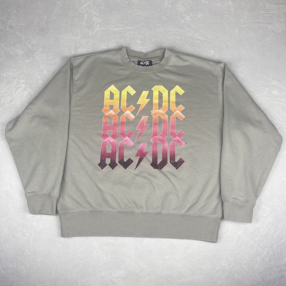 ACDC Graphic Sweater Womens Small Gray Pink Sweatshirt Pullover Crewneck Casual